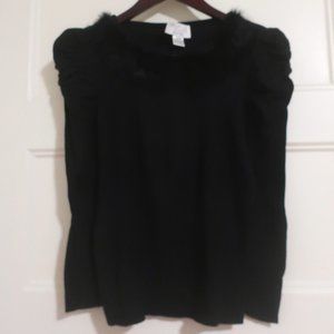 The Cue Cher Qu Black Ribbed Knit Sweater Fur Collar With Puffed Sleeve - Size X